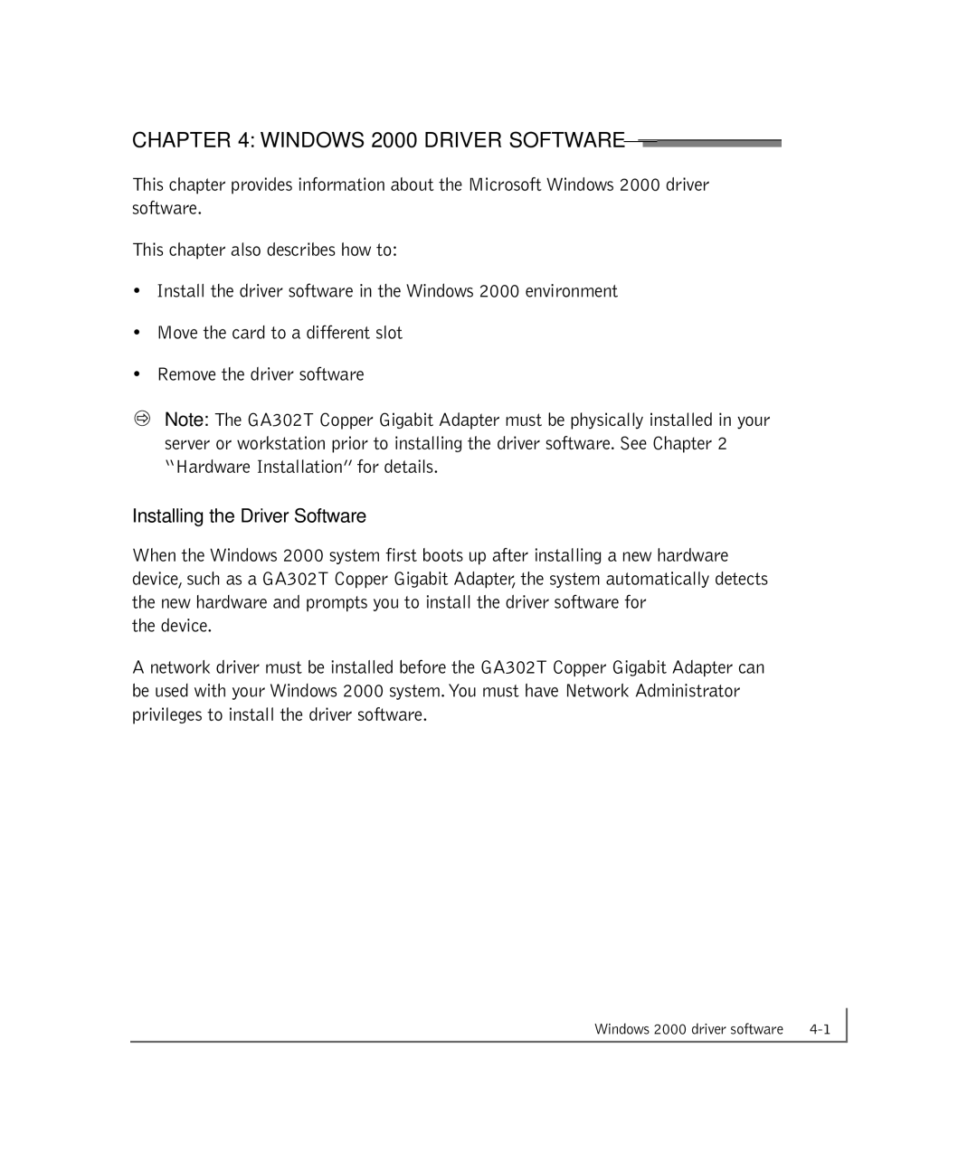 NETGEAR GA302T manual Windows 2000 Driver Software, Installing the Driver Software 