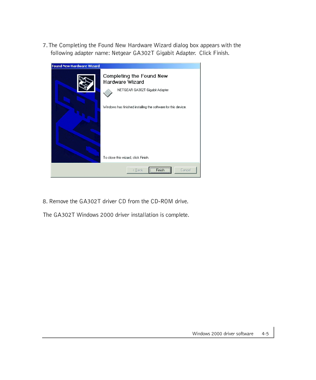 NETGEAR GA302T manual Windows 2000 driver software 