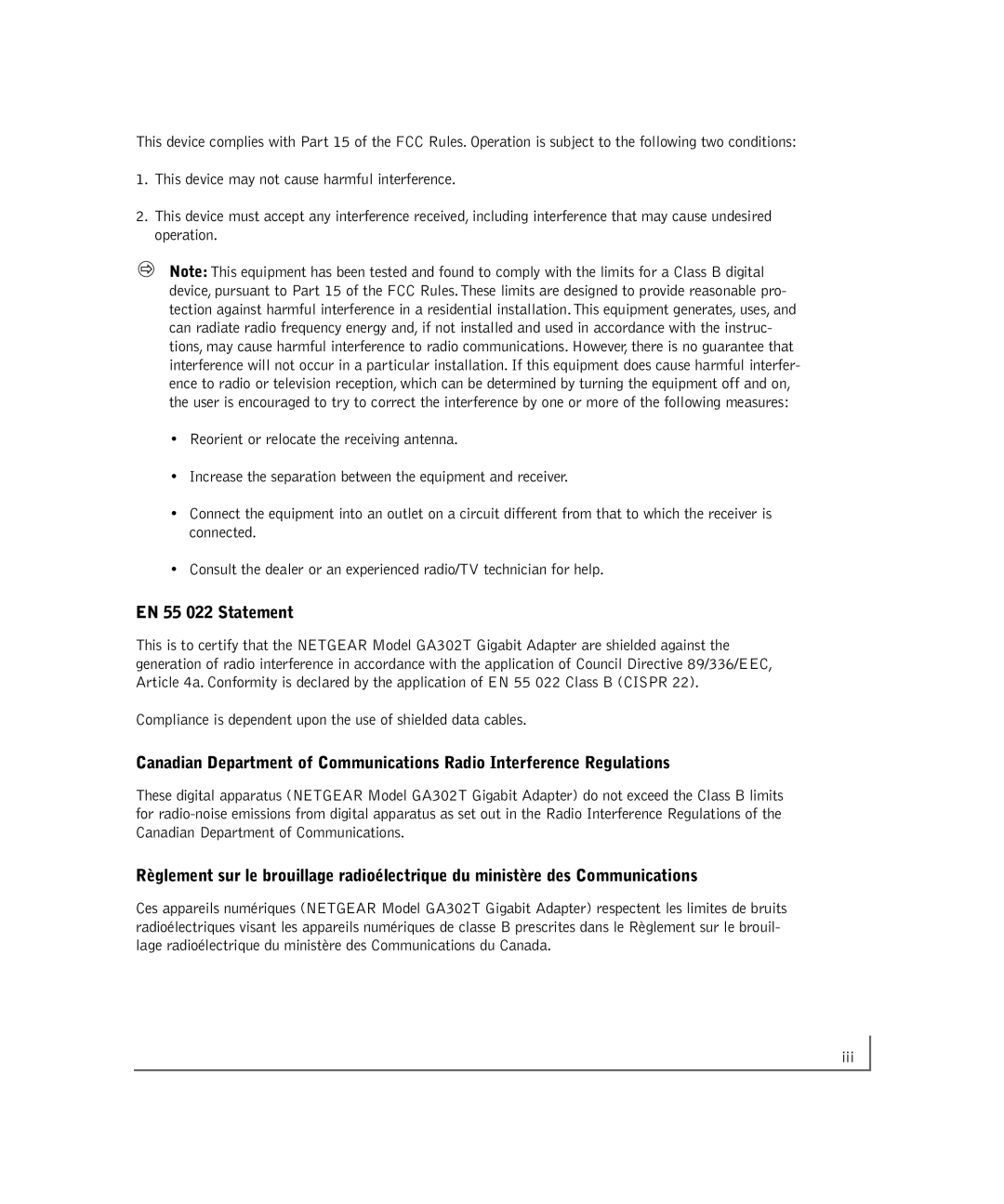 NETGEAR GA302T manual EN 55 022 Statement 