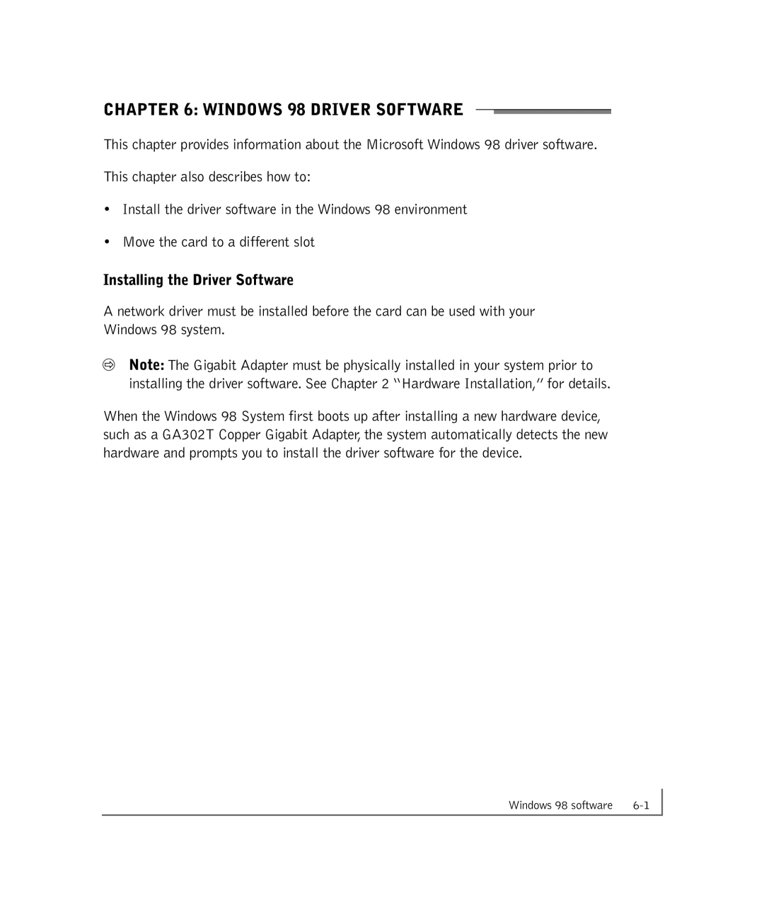 NETGEAR GA302T manual Windows 98 Driver Software, Installing the Driver Software 