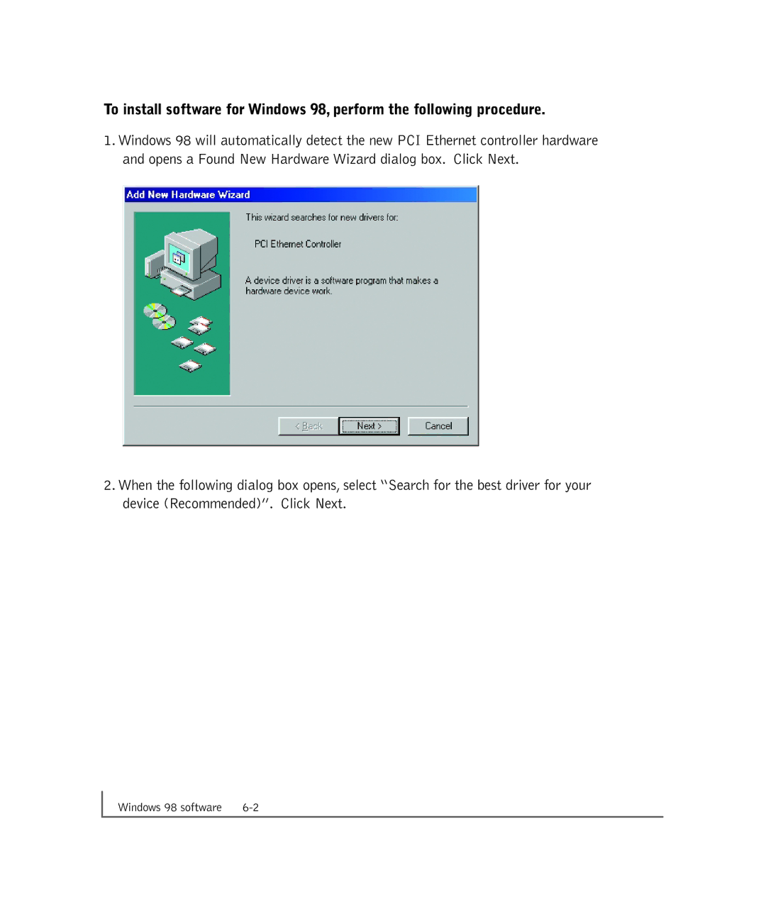 NETGEAR GA302T manual Windows 98 software 