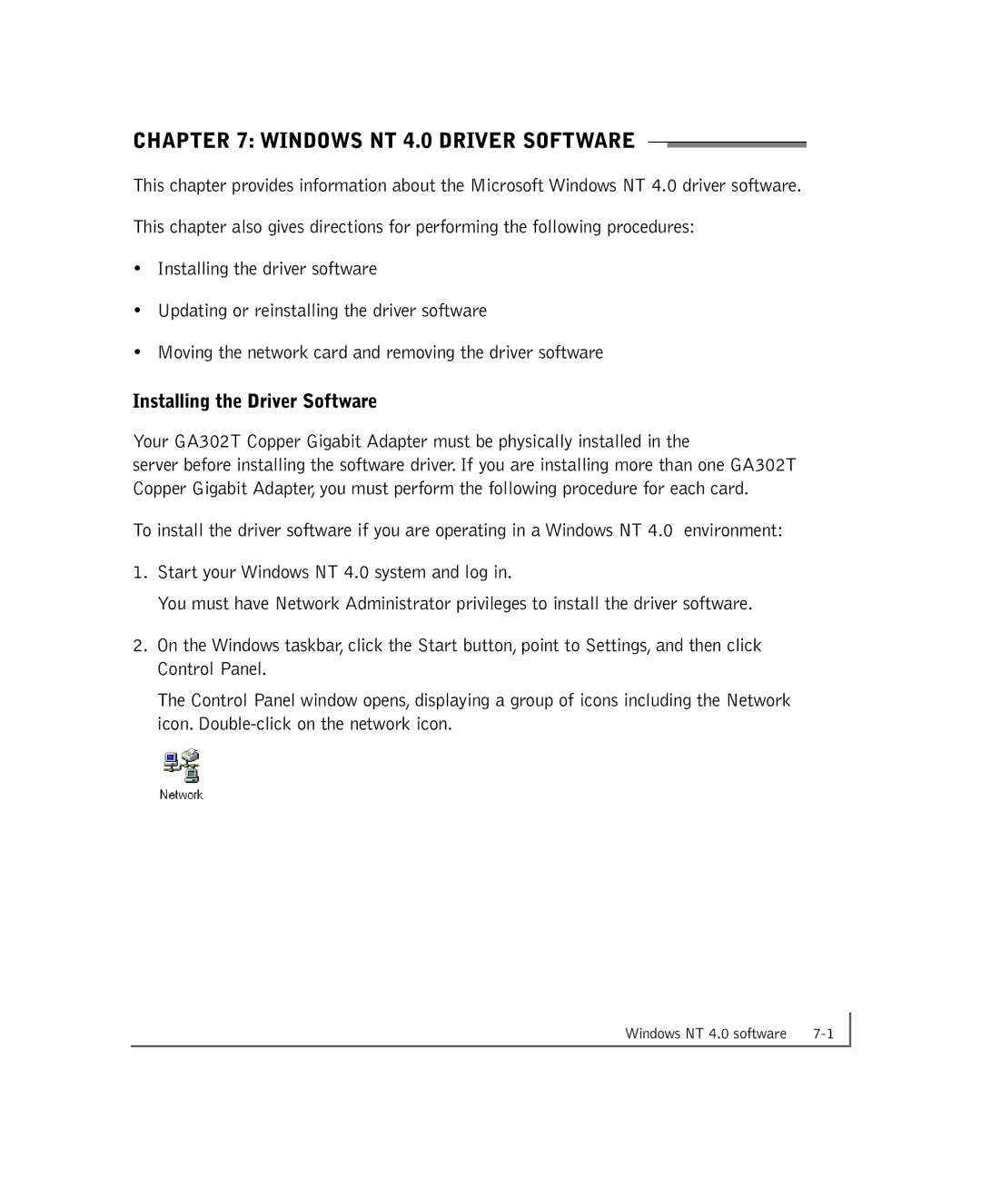 NETGEAR GA302T manual Windows NT 4.0 Driver Software, Installing the Driver Software 