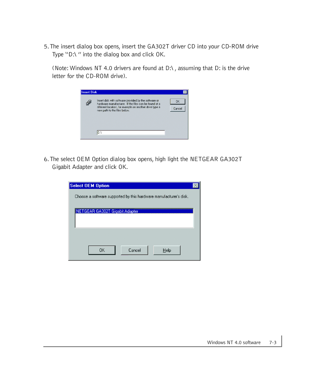 NETGEAR GA302T manual Windows NT 4.0 software 