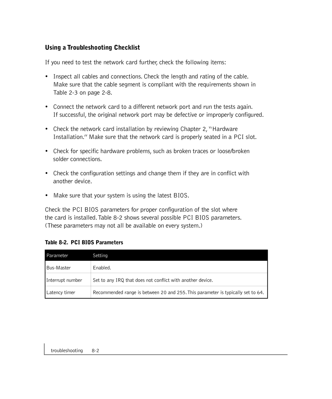 NETGEAR GA302T manual Using a Troubleshooting Checklist, PCI Bios Parameters 