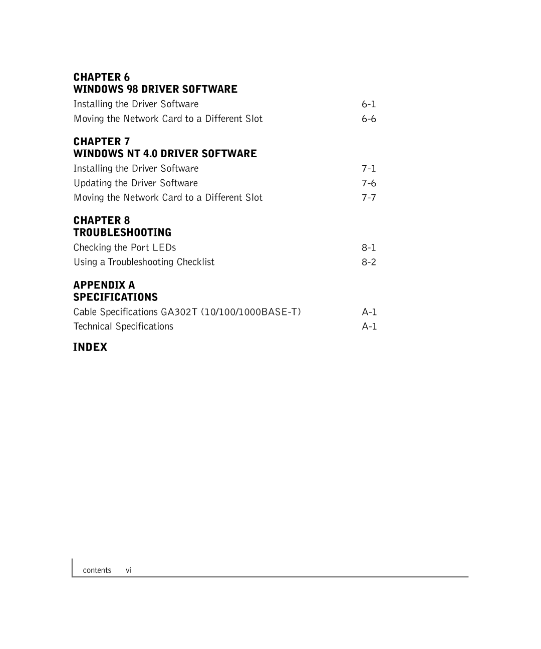 NETGEAR GA302T manual Index, Chapter Windows NT 4.0 Driver Software 