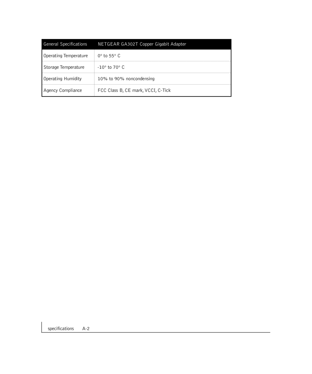 NETGEAR manual General Specifications Netgear GA302T Copper Gigabit Adapter 