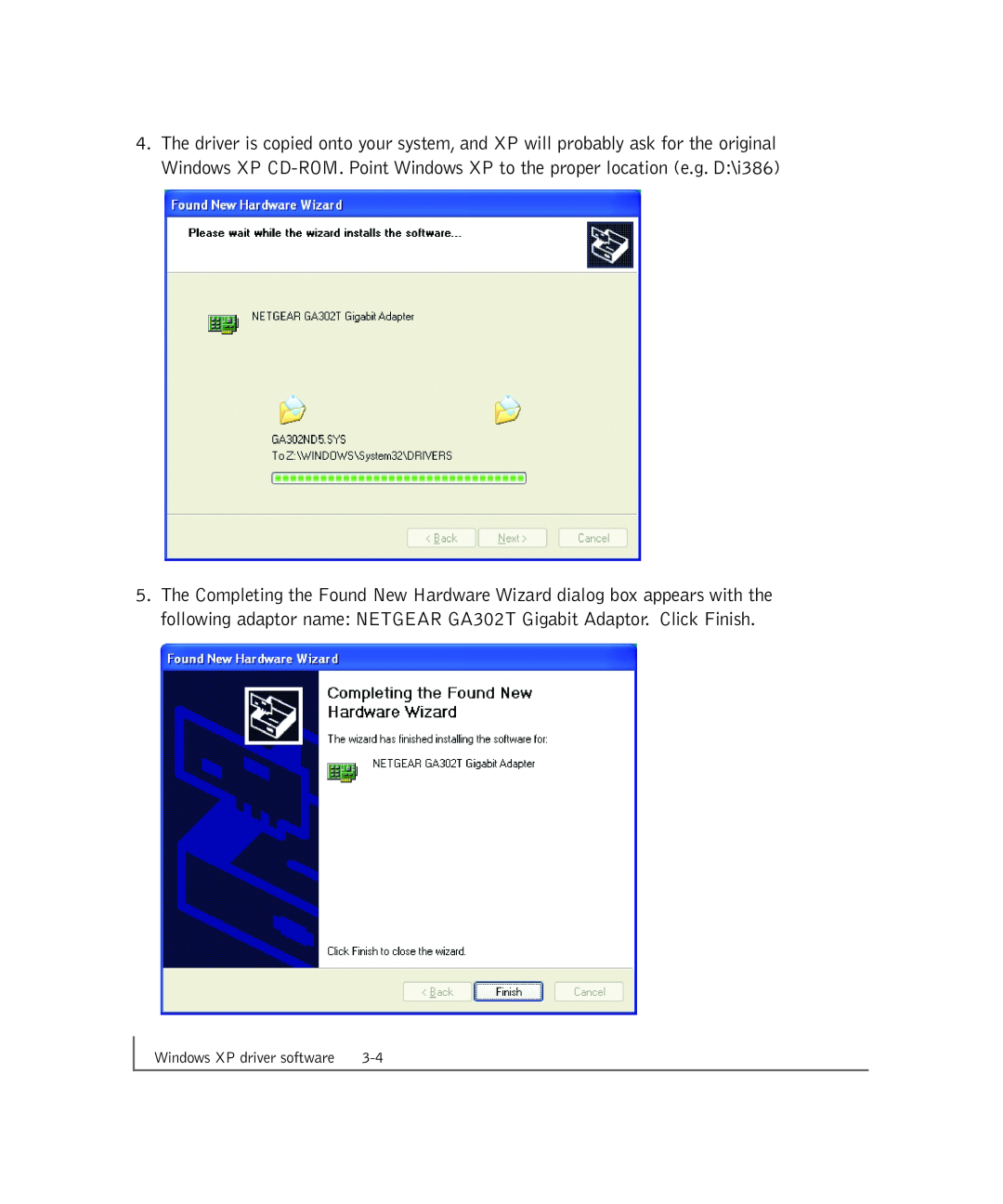 NETGEAR GA302T manual Windows XP driver software 
