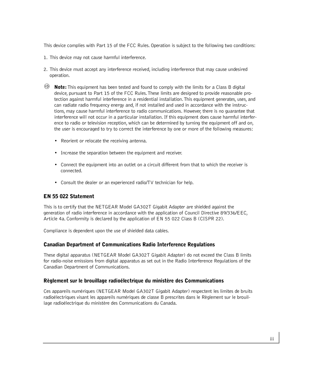 NETGEAR GA302T manual EN 55 022 Statement, Canadian Department of Communications Radio Interference Regulations 