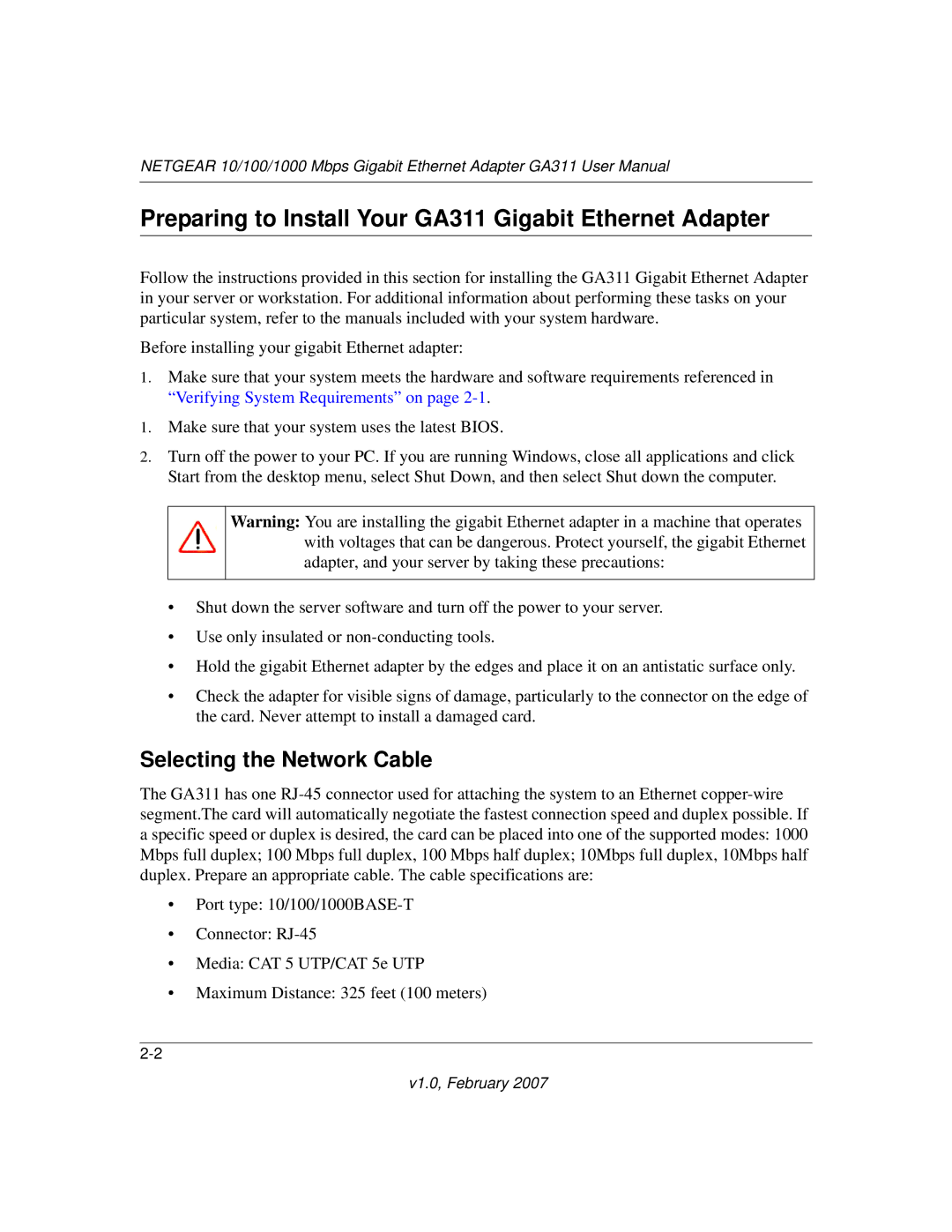 NETGEAR user manual Preparing to Install Your GA311 Gigabit Ethernet Adapter, Selecting the Network Cable 