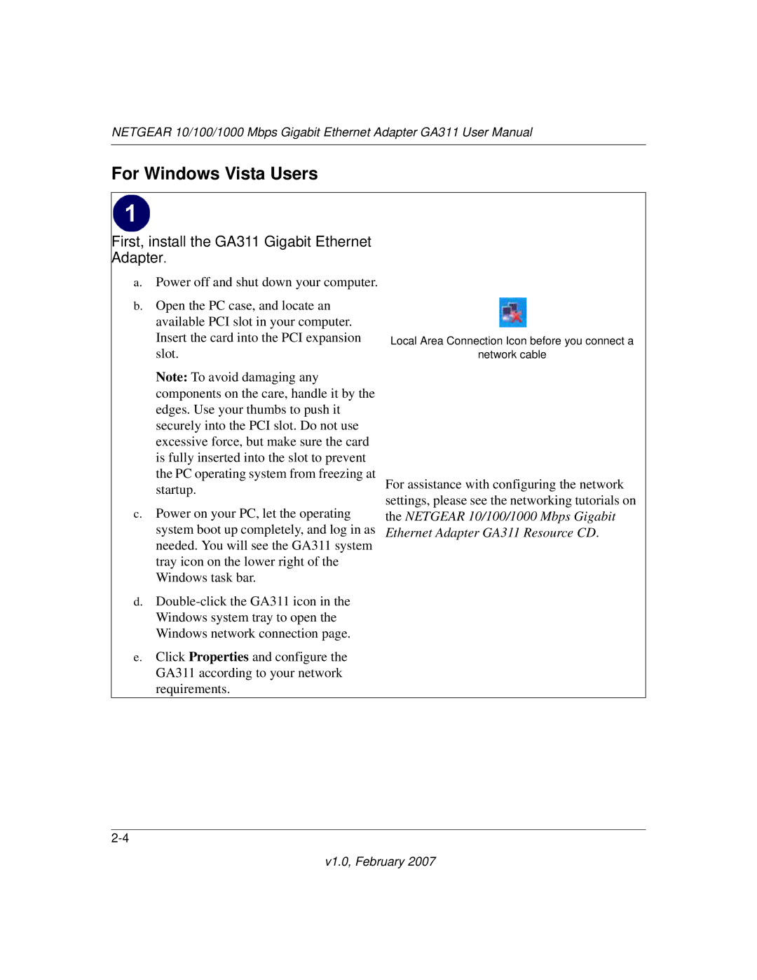 NETGEAR user manual For Windows Vista Users, First, install the GA311 Gigabit Ethernet Adapter 