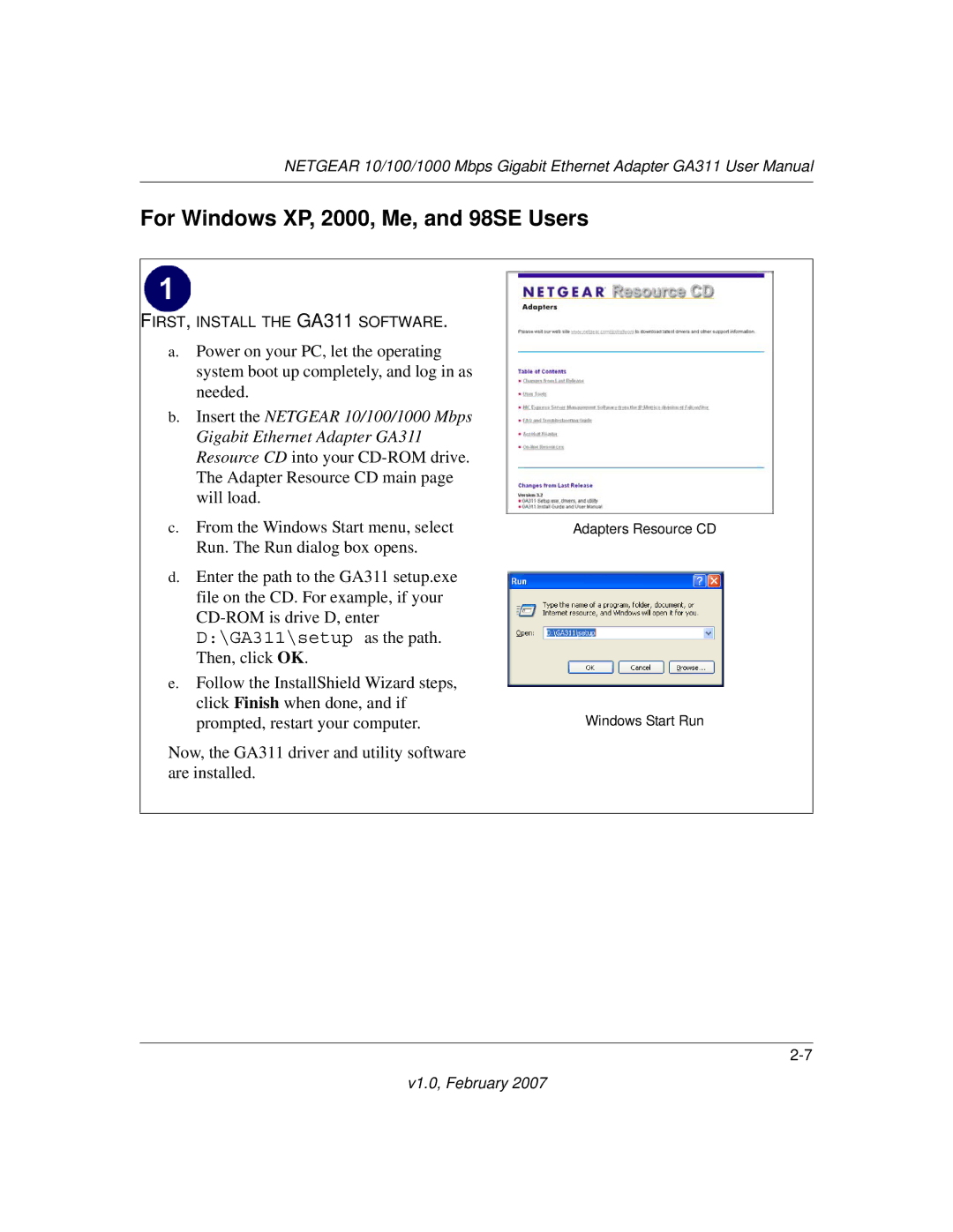 NETGEAR GA311 user manual For Windows XP, 2000, Me, and 98SE Users 