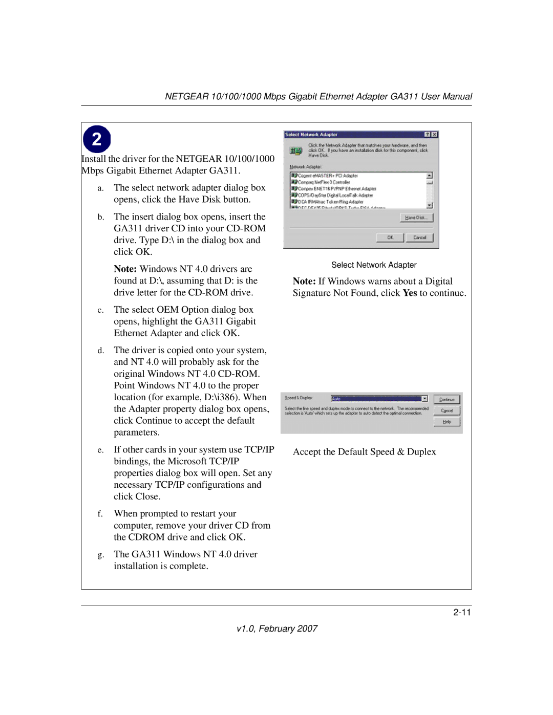 NETGEAR GA311 user manual Accept the Default Speed & Duplex 