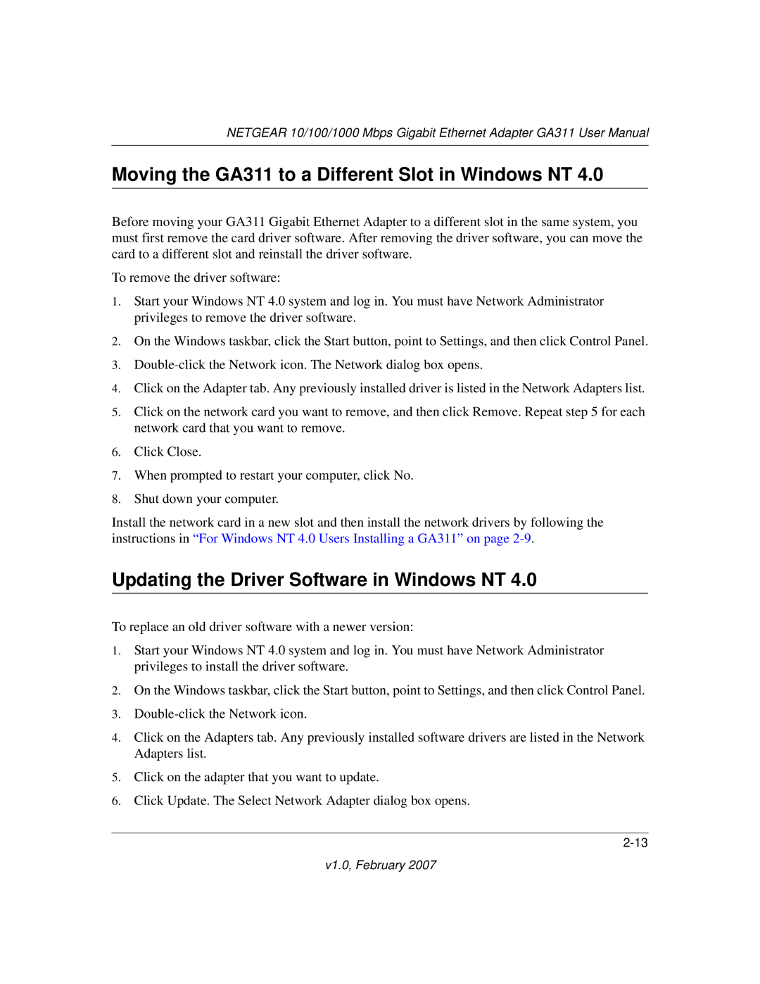 NETGEAR user manual Moving the GA311 to a Different Slot in Windows NT, Updating the Driver Software in Windows NT 