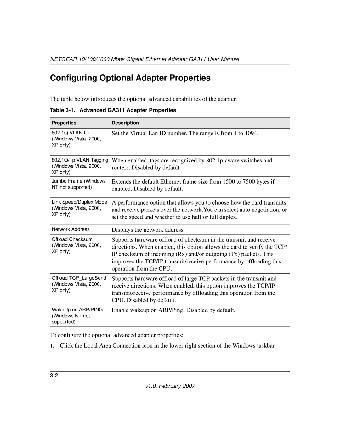 NETGEAR GA311 user manual Configuring Optional Adapter Properties 