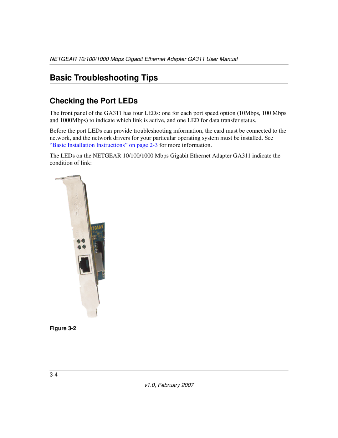 NETGEAR GA311 user manual Basic Troubleshooting Tips, Checking the Port LEDs 