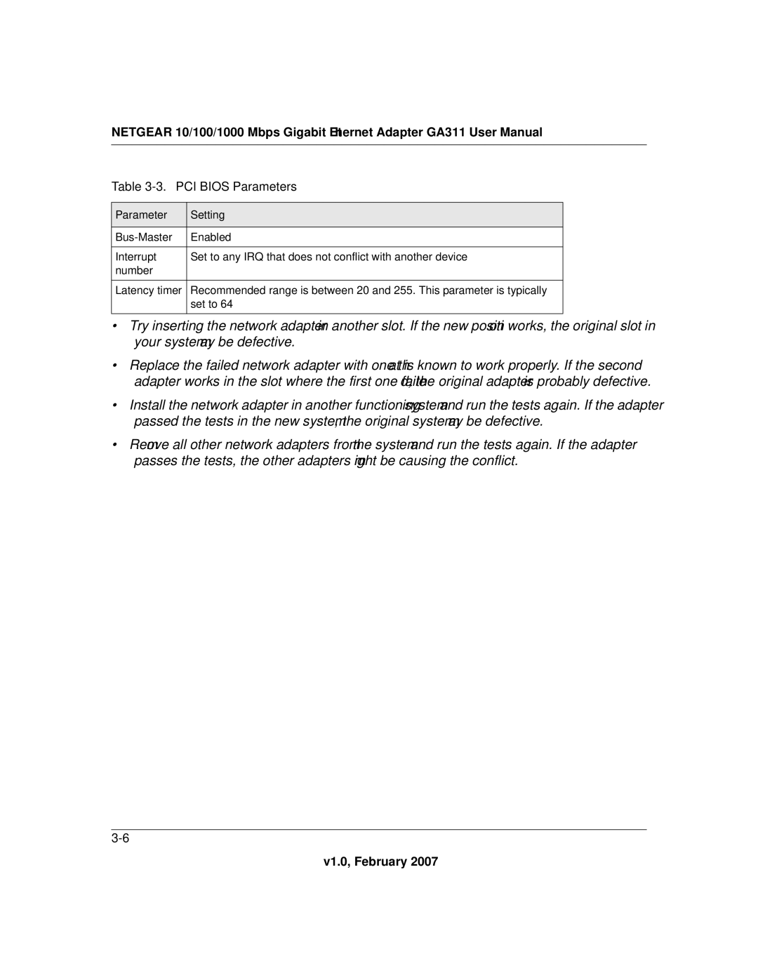 NETGEAR GA311 user manual PCI Bios Parameters 