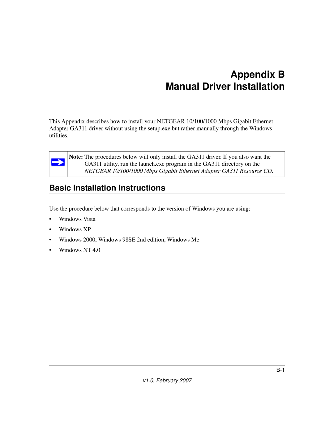 NETGEAR GA311 user manual Appendix B Manual Driver Installation, Basic Installation Instructions 