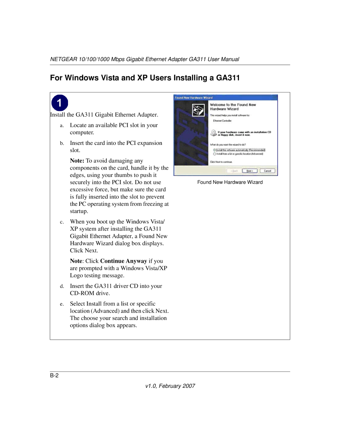 NETGEAR user manual For Windows Vista and XP Users Installing a GA311 