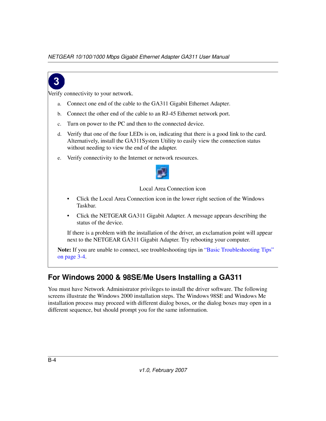 NETGEAR user manual For Windows 2000 & 98SE/Me Users Installing a GA311 