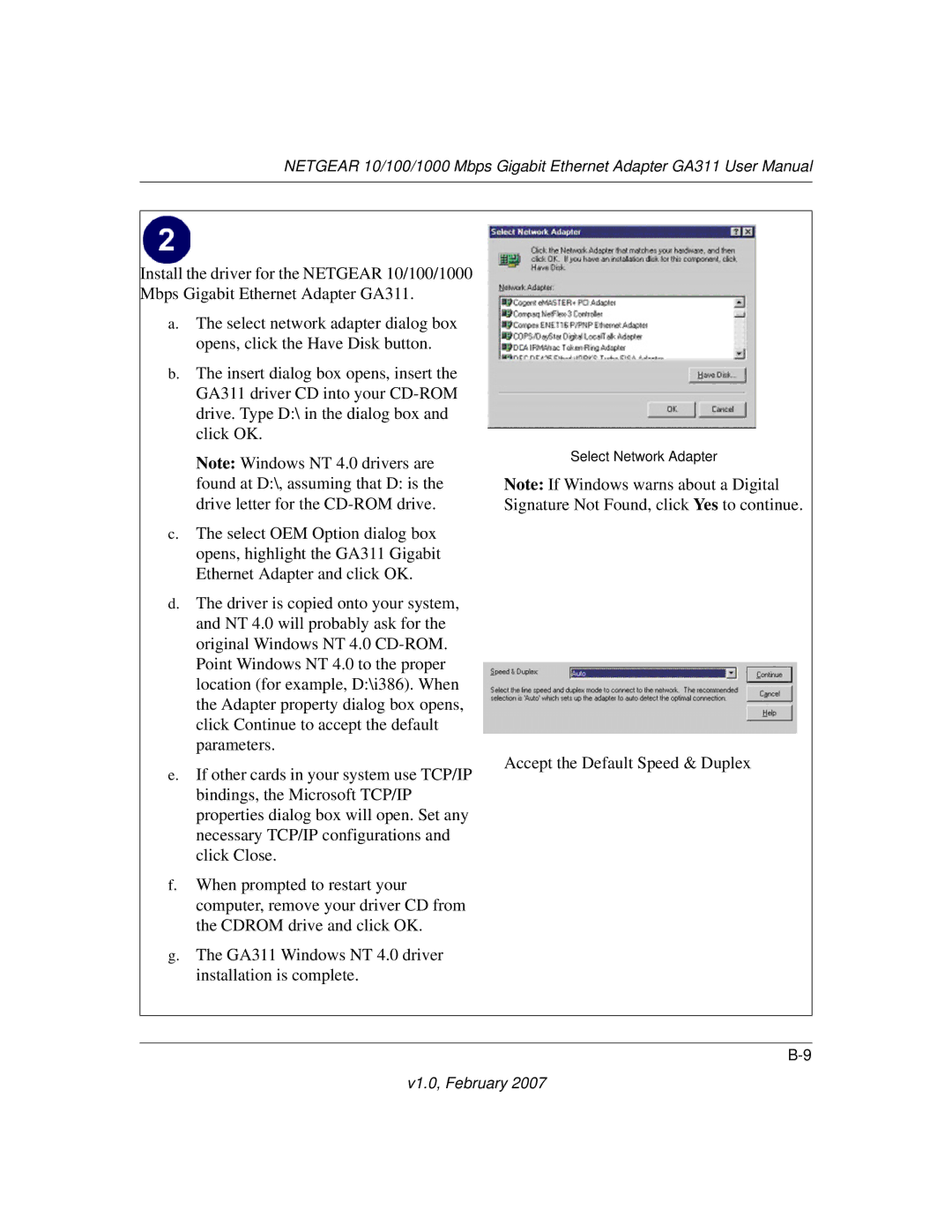 NETGEAR GA311 user manual Accept the Default Speed & Duplex 