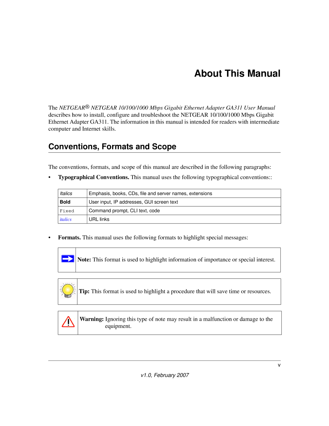 NETGEAR GA311 user manual About This Manual, Conventions, Formats and Scope 