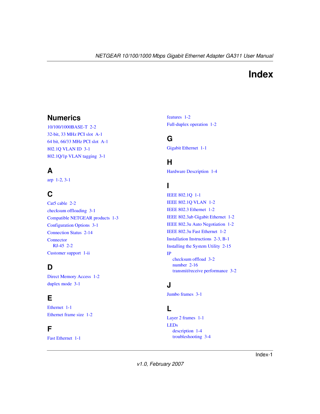 NETGEAR GA311 user manual Index, Numerics 