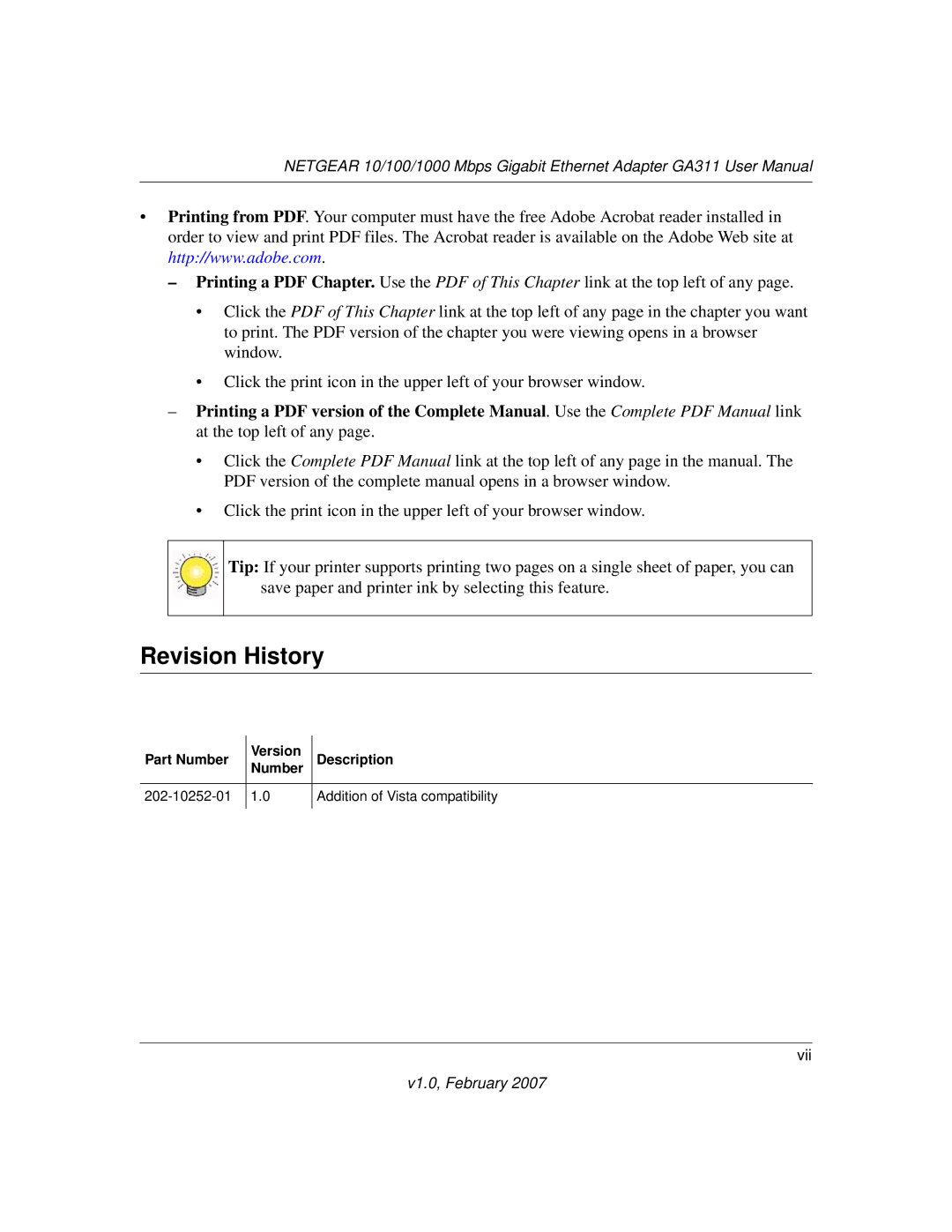 NETGEAR GA311 user manual Revision History 