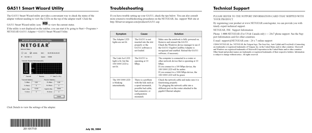 NETGEAR manual GA511 Smart Wizard Utility, Troubleshooting, Technical Support 