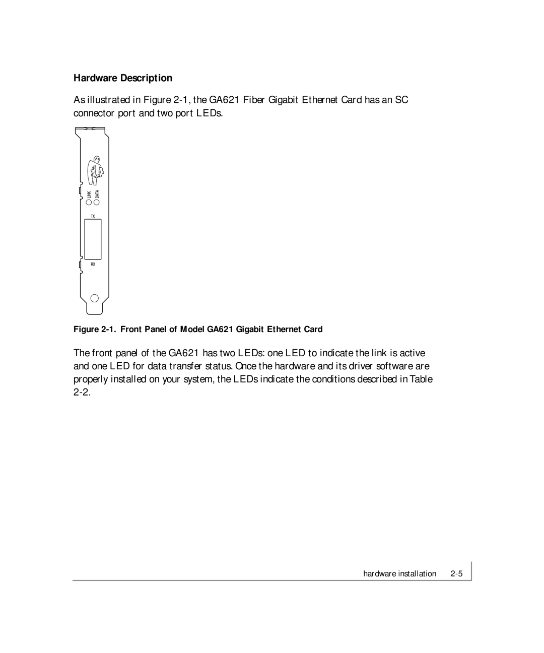 NETGEAR manual Hardware Description, Front Panel of Model GA621 Gigabit Ethernet Card 