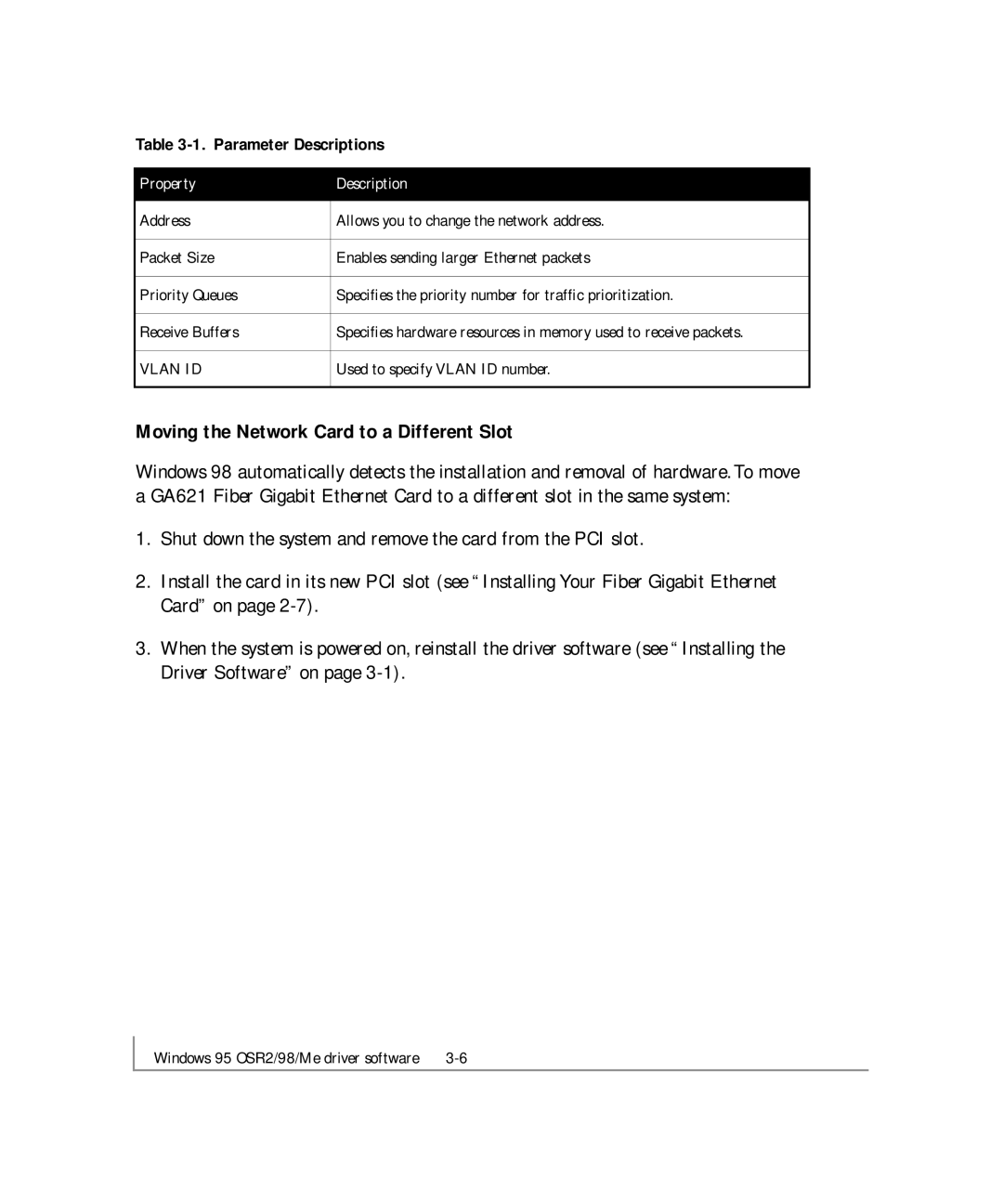 NETGEAR GA621 manual Moving the Network Card to a Different Slot, Parameter Descriptions 