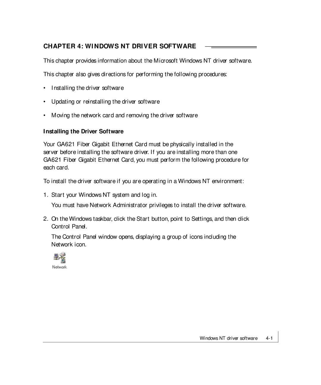 NETGEAR GA621 manual Windows NT Driver Software, Installing the Driver Software 