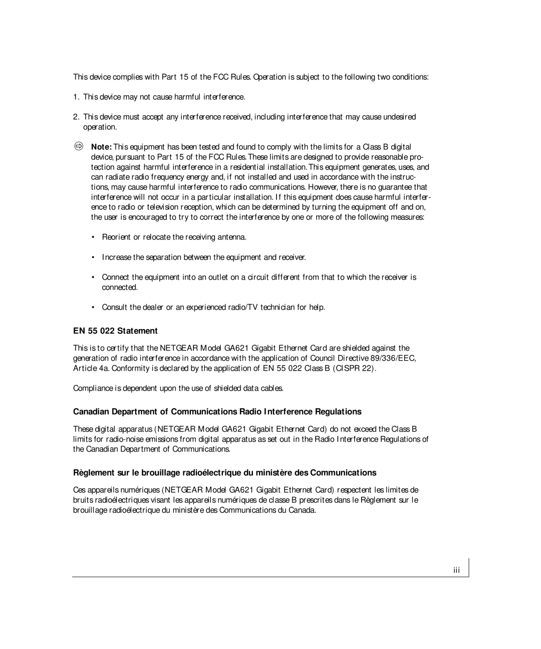 NETGEAR GA621 manual EN 55 022 Statement 