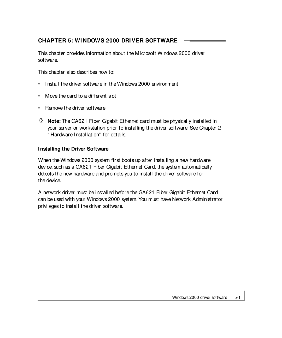 NETGEAR GA621 manual Windows 2000 Driver Software, Installing the Driver Software 