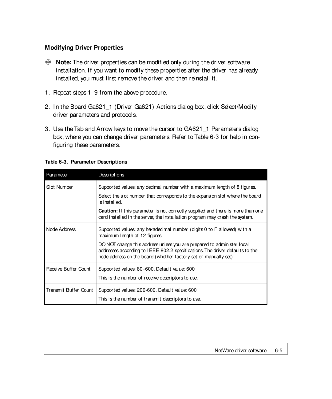 NETGEAR GA621 manual Modifying Driver Properties, Parameter Descriptions 