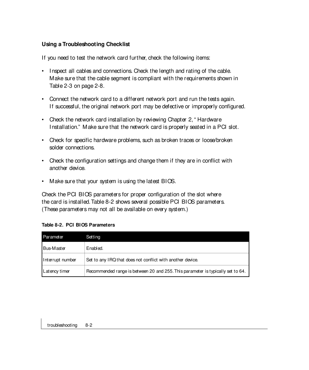 NETGEAR GA621 manual Using a Troubleshooting Checklist, PCI Bios Parameters 