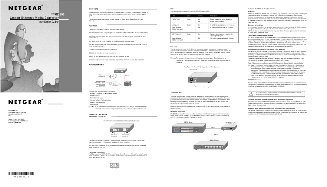 NETGEAR GC102 warranty Start Here, Features, Package Contents, Product Illustration, Applications 