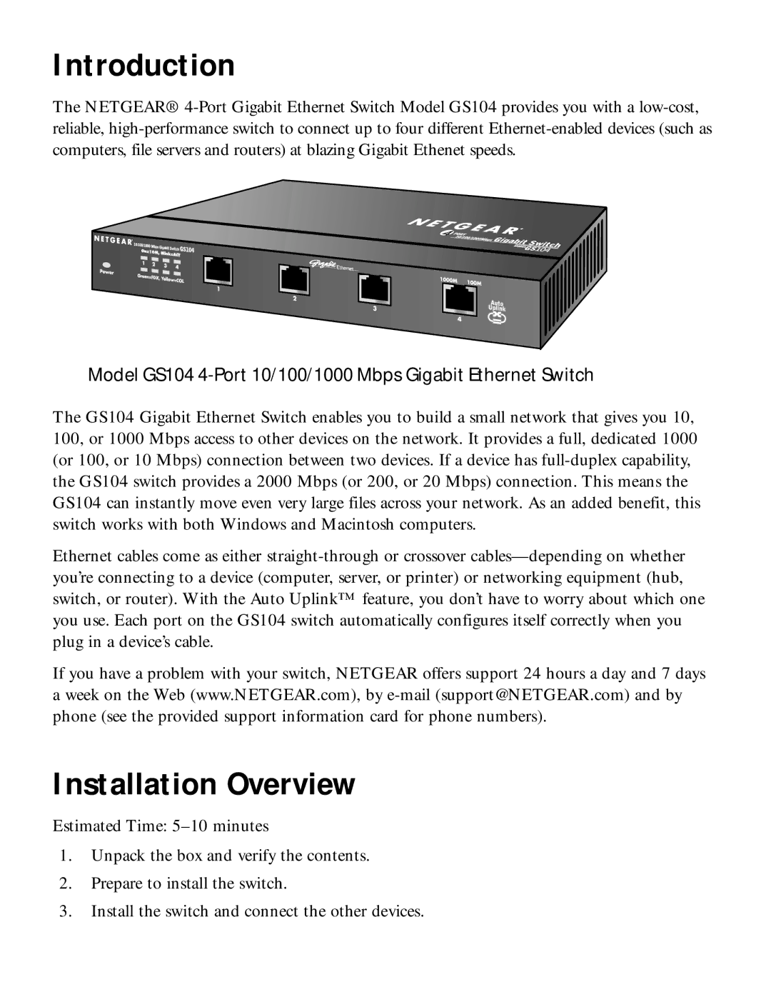 NETGEAR GS104 manual Introduction, Installation Overview 