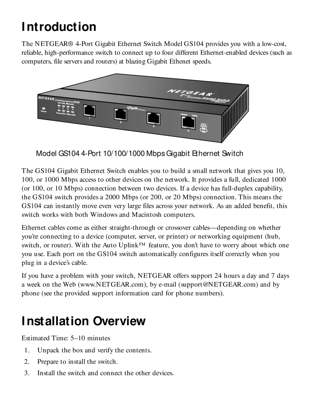 NETGEAR manual Introduction, Installation Overview, Model GS104 4-Port 10/100/1000 Mbps Gigabit Ethernet Switch 