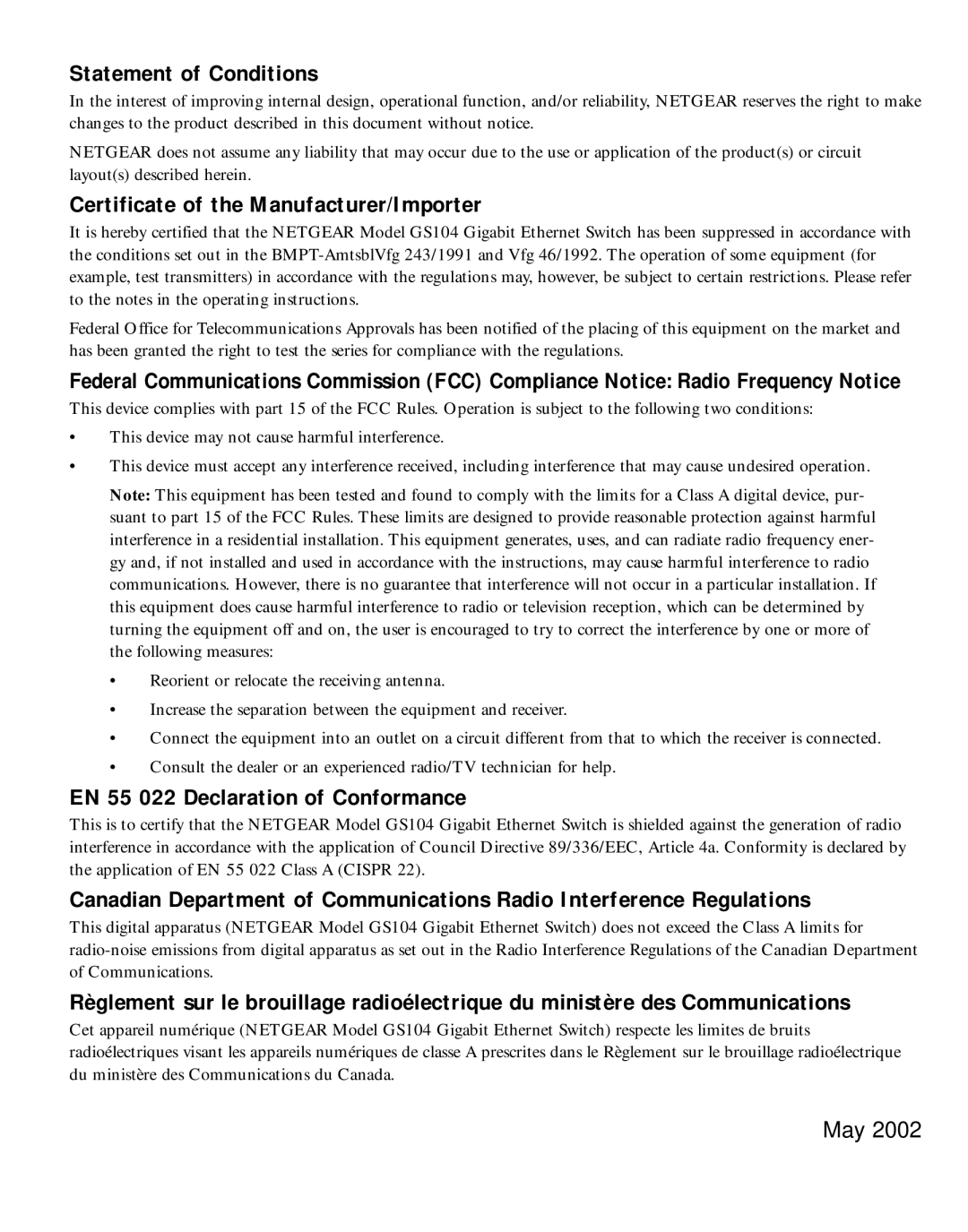 NETGEAR GS104 Statement of Conditions, Certificate of the Manufacturer/Importer, EN 55 022 Declaration of Conformance 