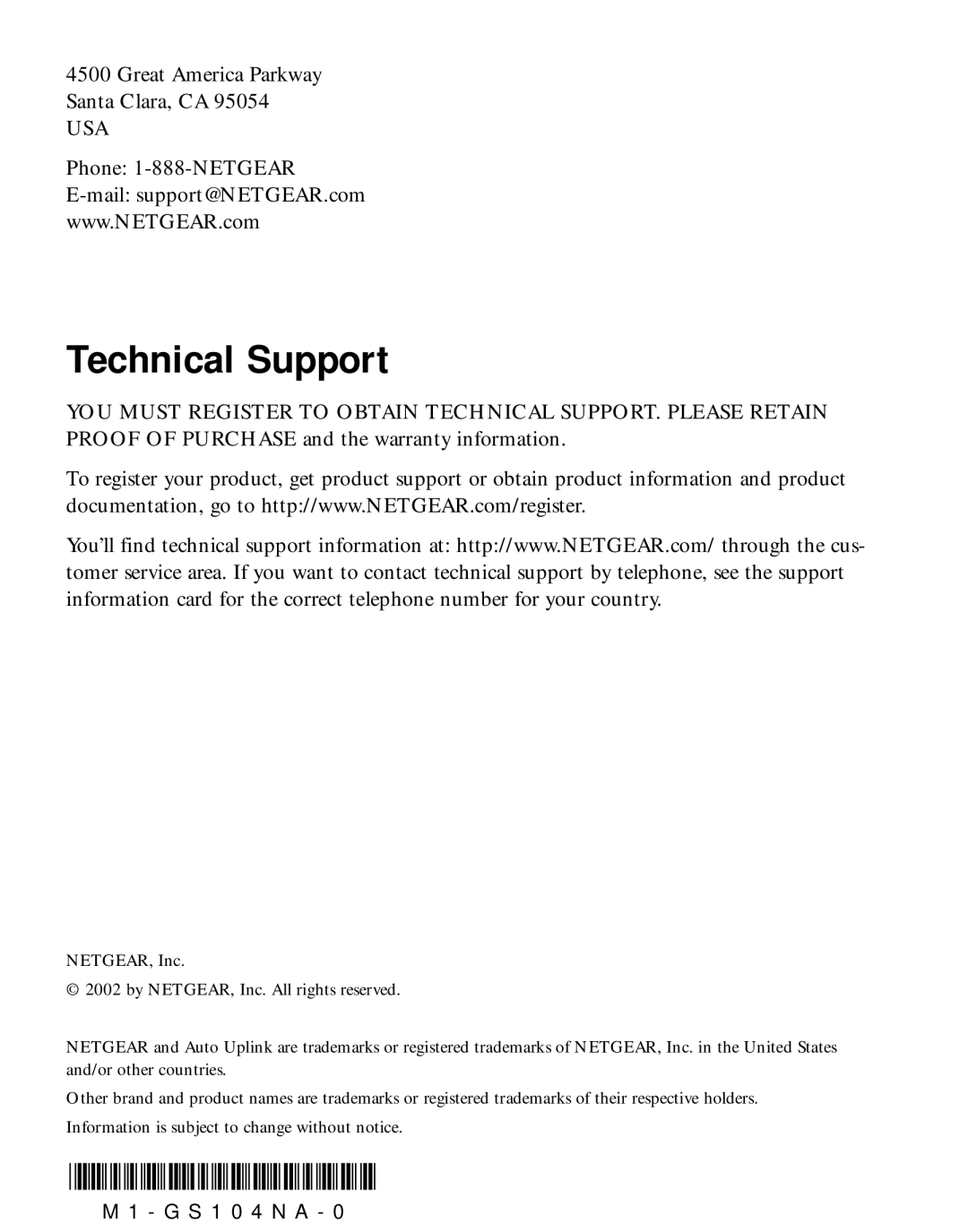 NETGEAR manual Technical Support, M1-GS104NA-0, M 1 - G S 1 0 4 N A 