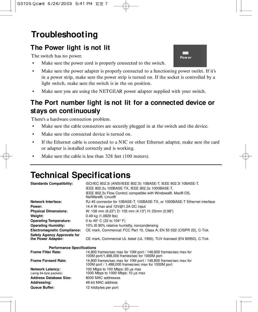 NETGEAR GS105 manual Troubleshooting, Technical Specifications 