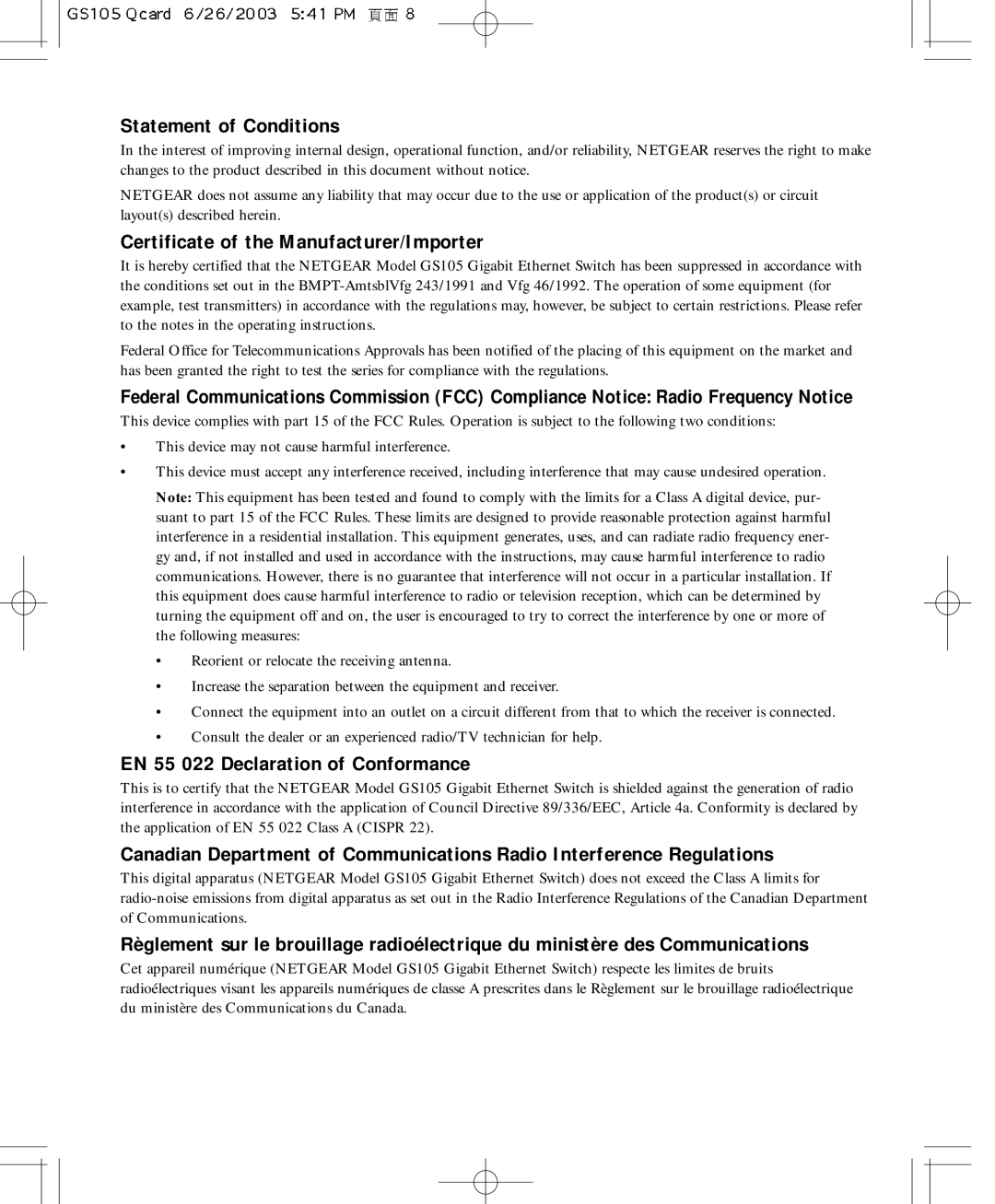 NETGEAR GS105 Statement of Conditions, Certificate of the Manufacturer/Importer, EN 55 022 Declaration of Conformance 