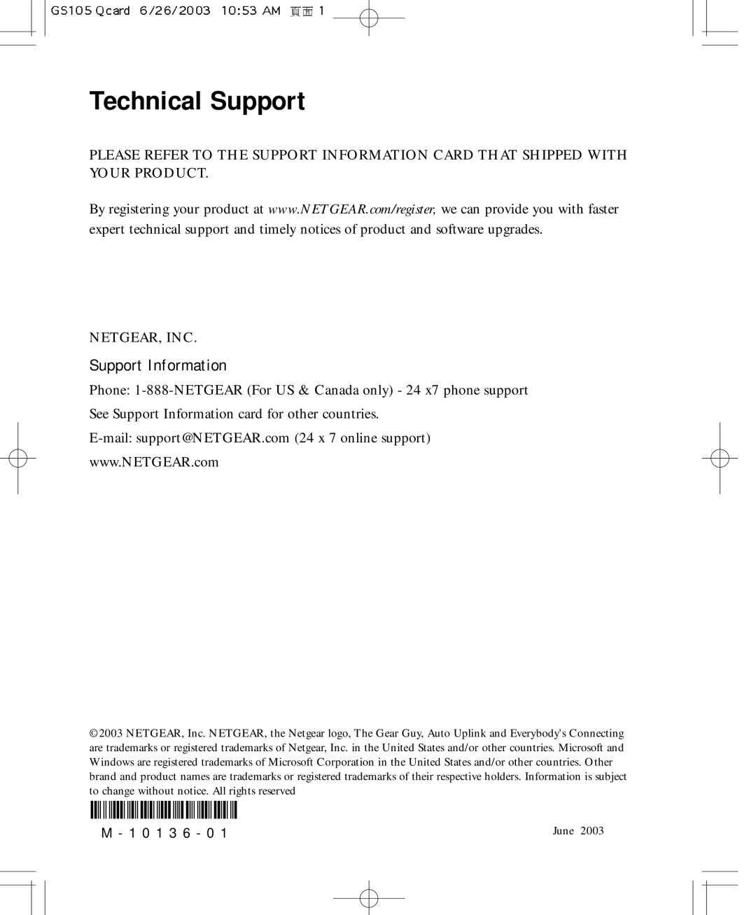 NETGEAR GS105 manual Technical Support, Support Information 