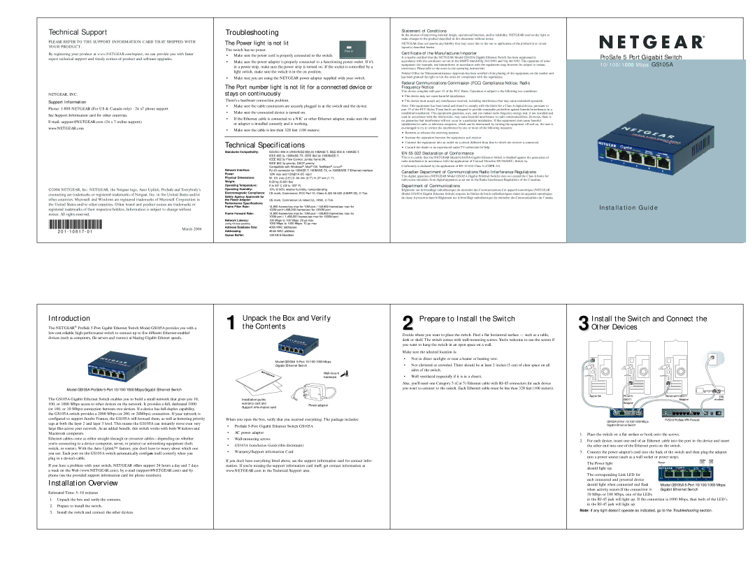 NETGEAR GS105A technical specifications Technical Support, Troubleshooting, Technical Specifications, Introduction 