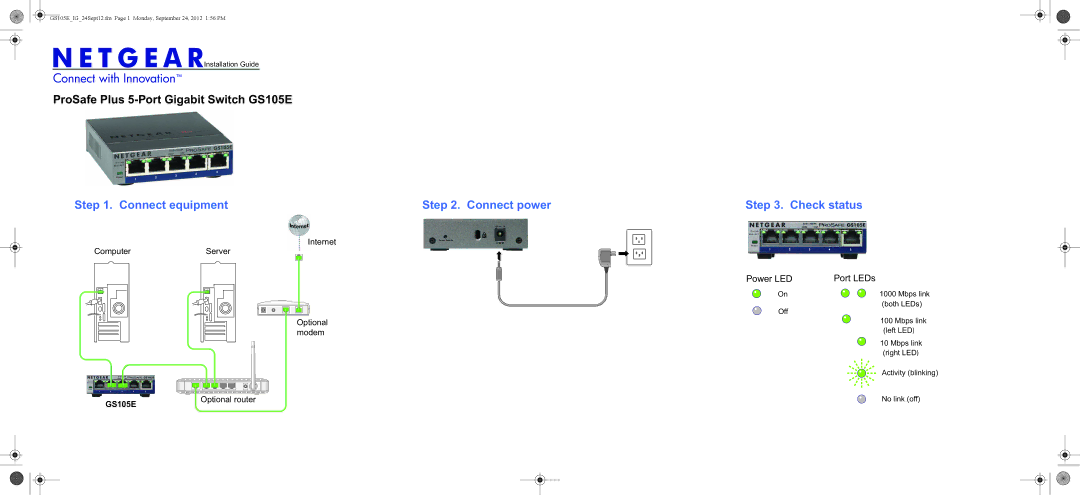 NETGEAR GS105E-100NAS manual Connect equipment Connect power, Check status, Power LED Port LEDs 