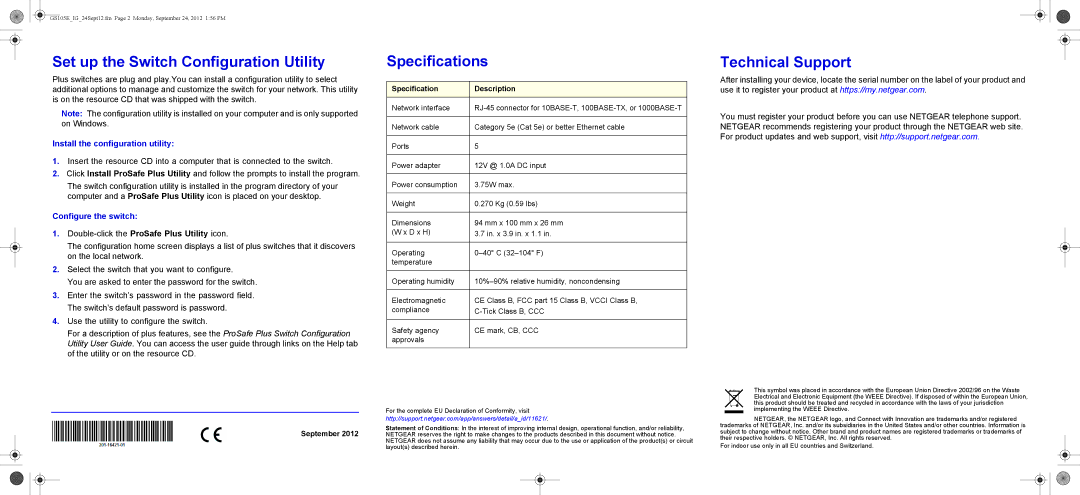 NETGEAR GS105E-100NAS Set up the Switch Configuration Utility, Specifications, Technical Support, Configure the switch 