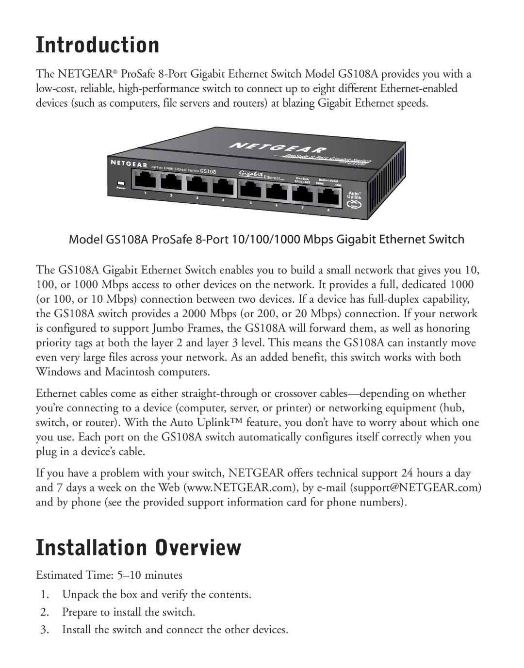 NETGEAR GS108A manual Introduction, Installation Overview 