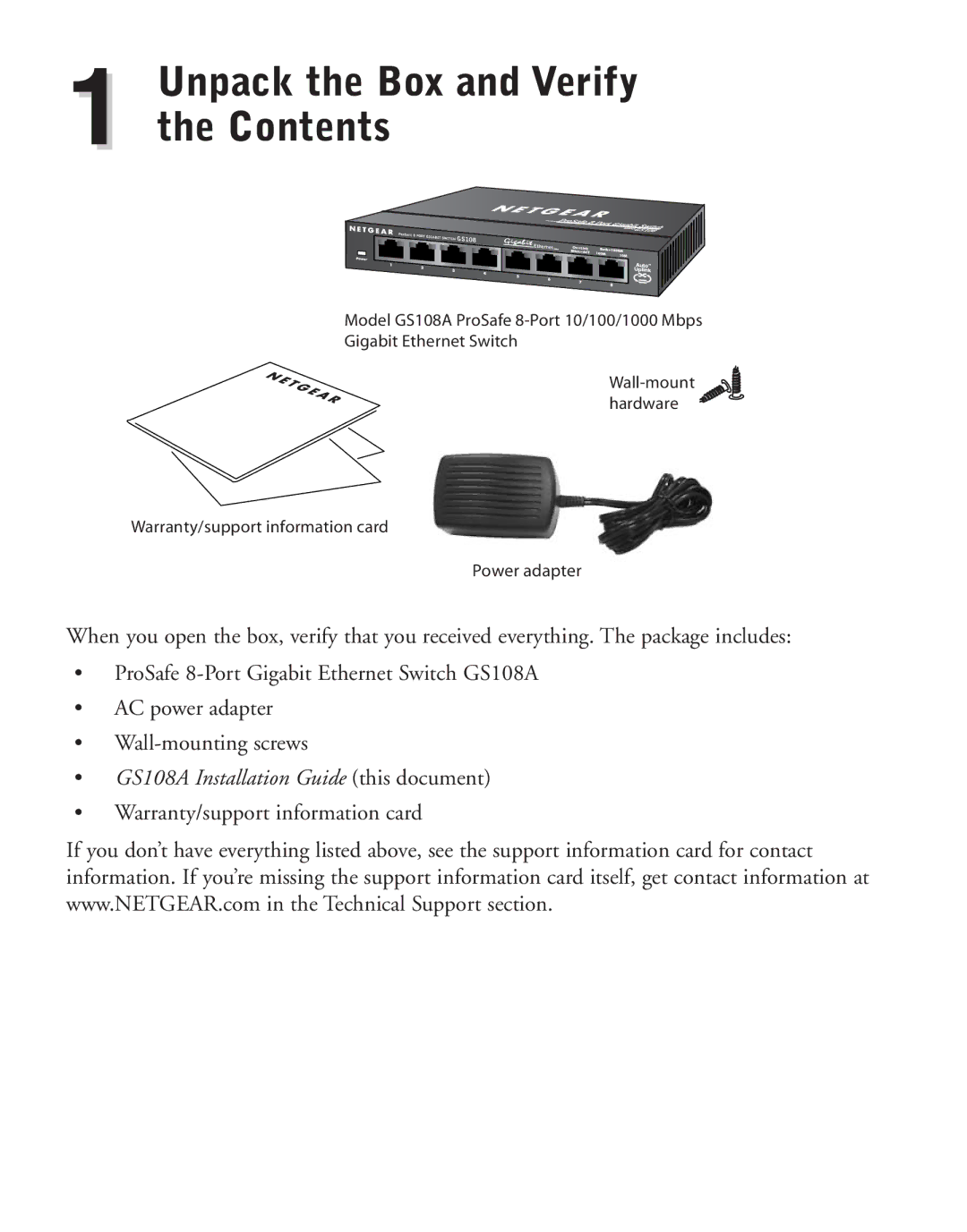 NETGEAR GS108A manual Unpack the Box and Verify Contents 