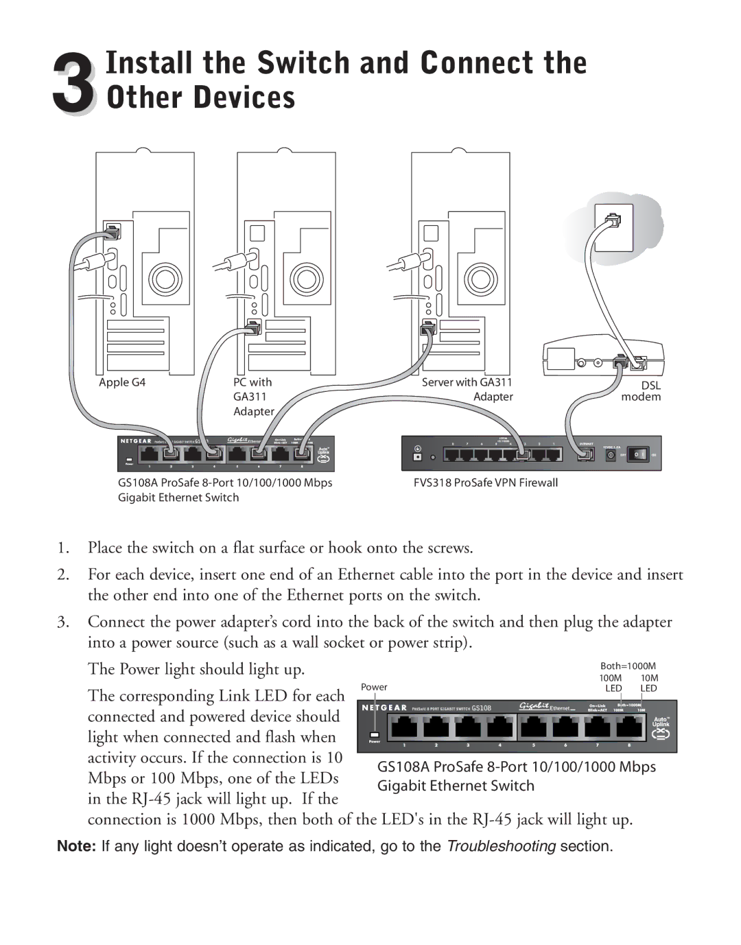 NETGEAR GS108A manual Install the Switch and Connect 3Other Devices, Dsl 