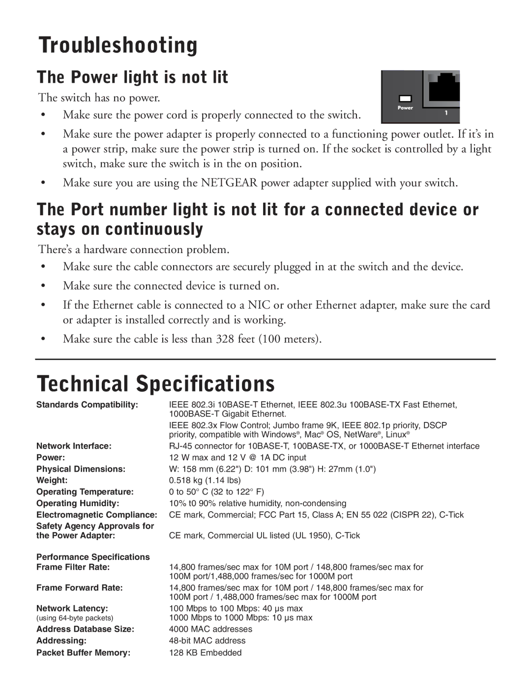 NETGEAR GS108A manual Troubleshooting, Technical Specifications 